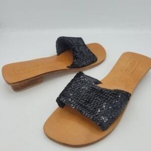 Mystique Black Sequined Leather Slides Sandals Block Heels Size 9